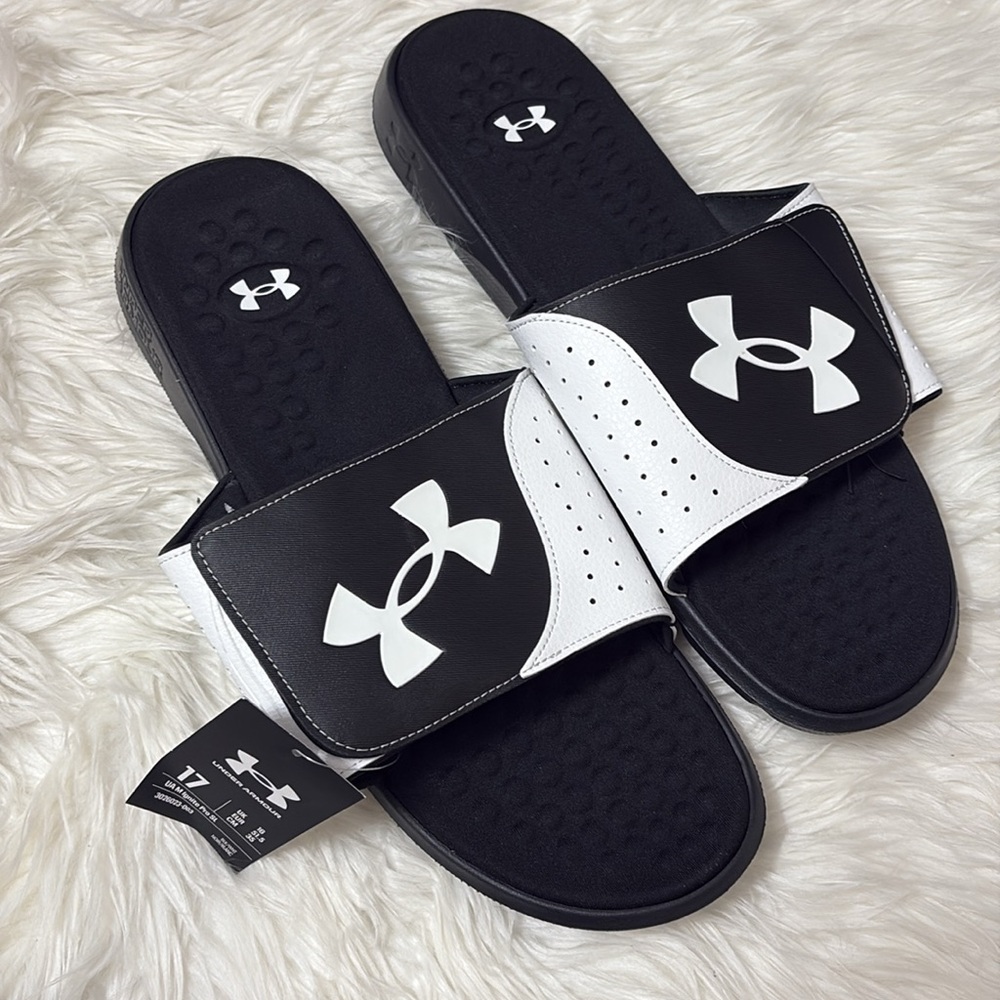NEW In Packaging Under Armour Men’s Black And White Ignite Pro Slides Size 17